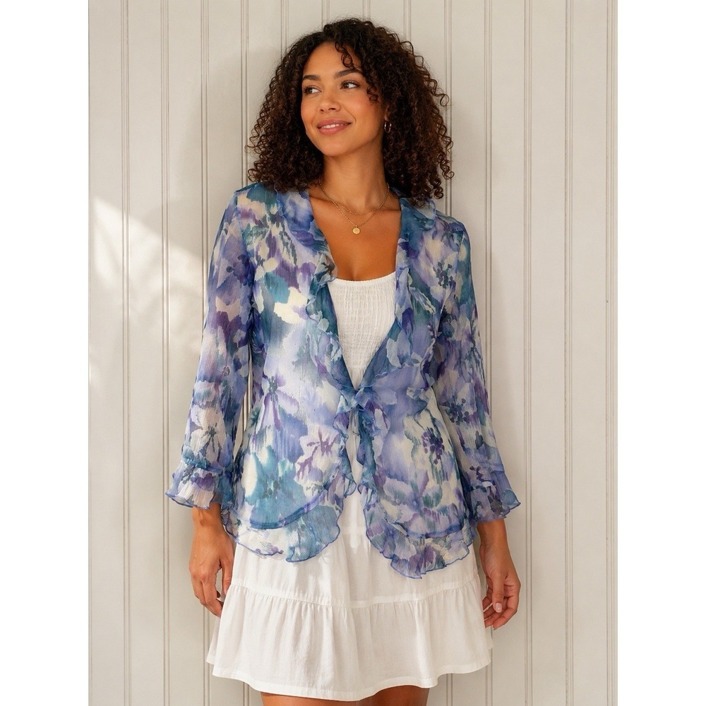 Nomadic Traders Top Blouse *M/L Blue Floral Sheer Chiffon Cascading Ruffle Boho‎